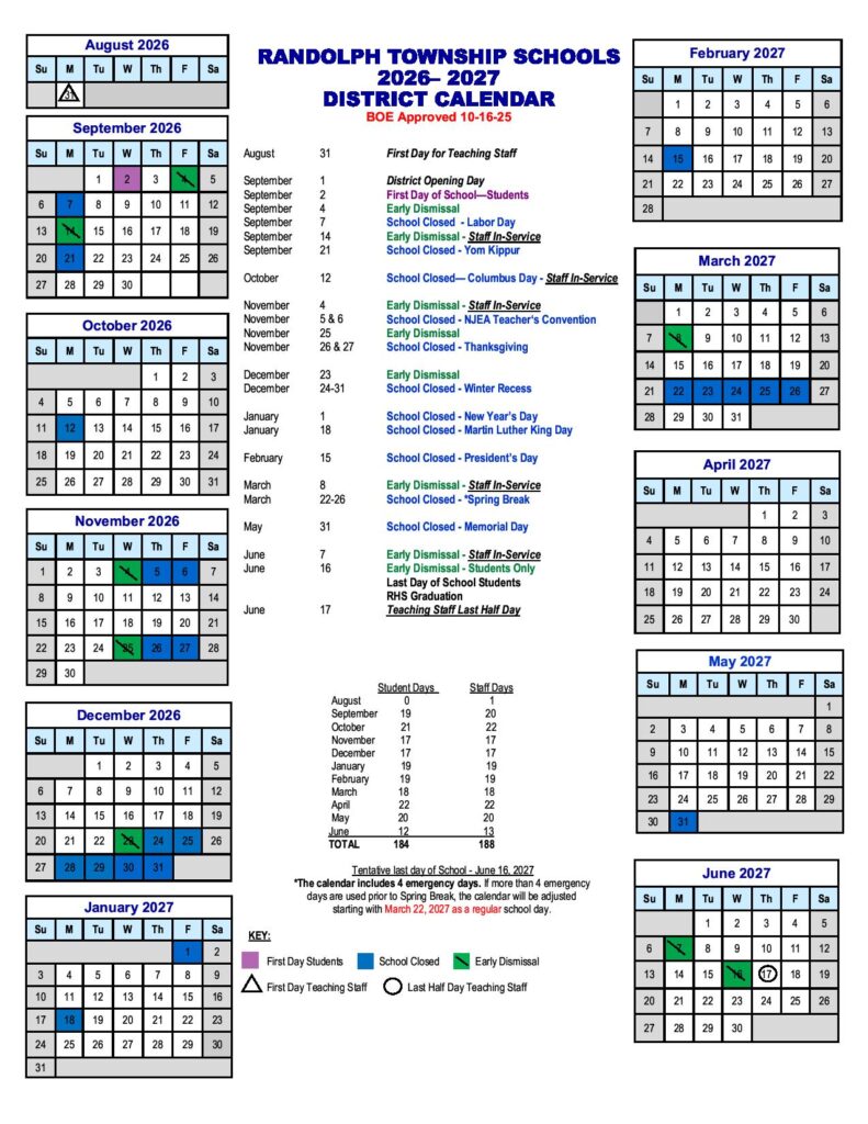 Randolph Township School District Calendar 2026-2027