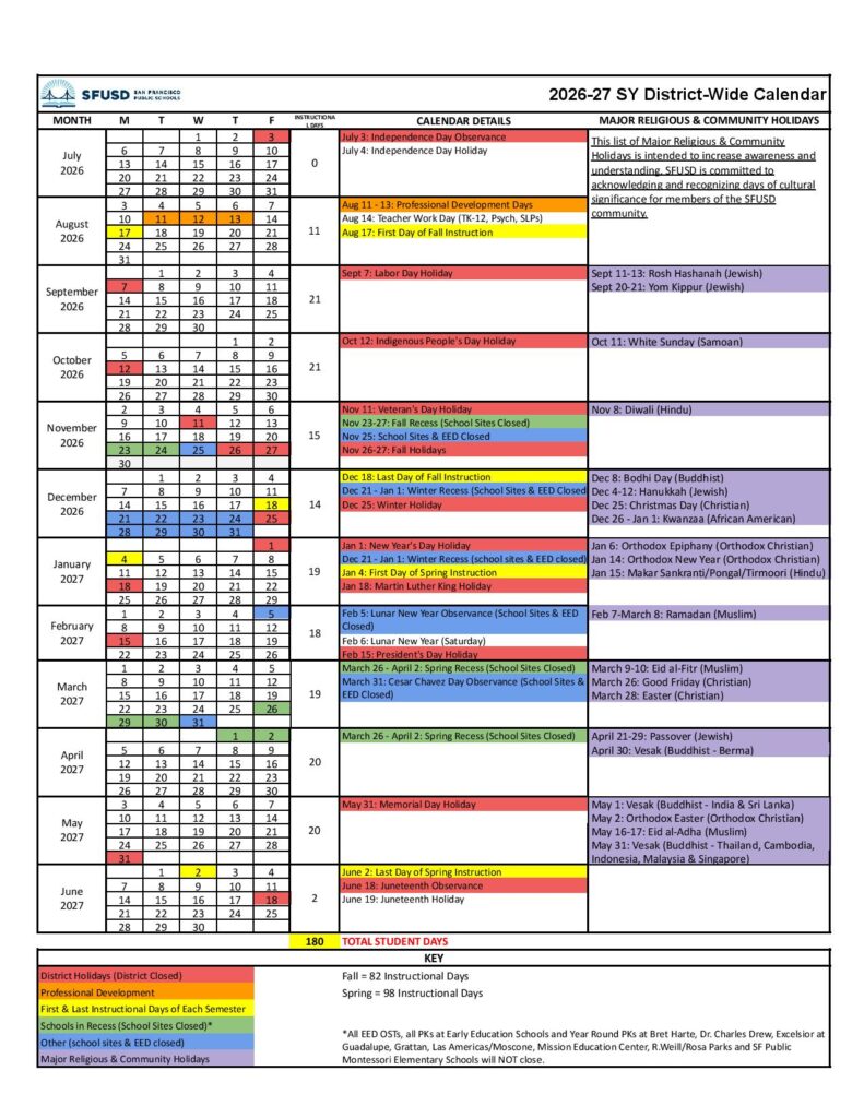 San Francisco Unified School District Calendar 2026-2027