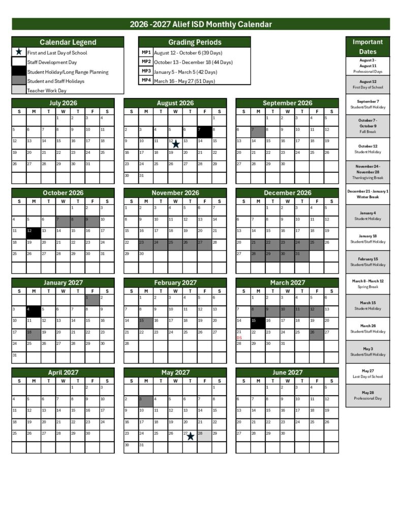 Alief Independent School District Calendar 2026-2027