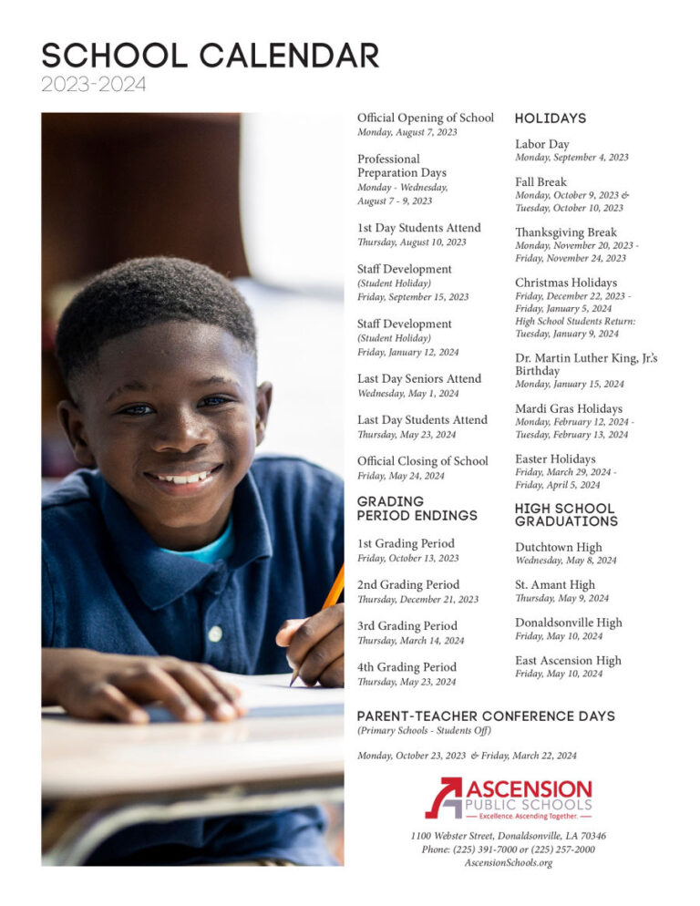 Ascension Parish Schools Calendar 20232024 in PDF