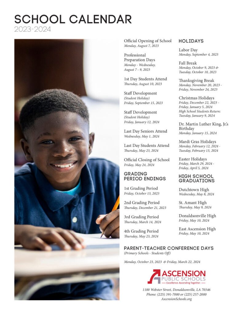 Ascension Parish Schools Calendar 2023-2024 in PDF