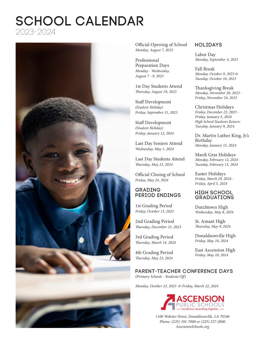 Ascension Parish Schools Calendar 20232024 in PDF