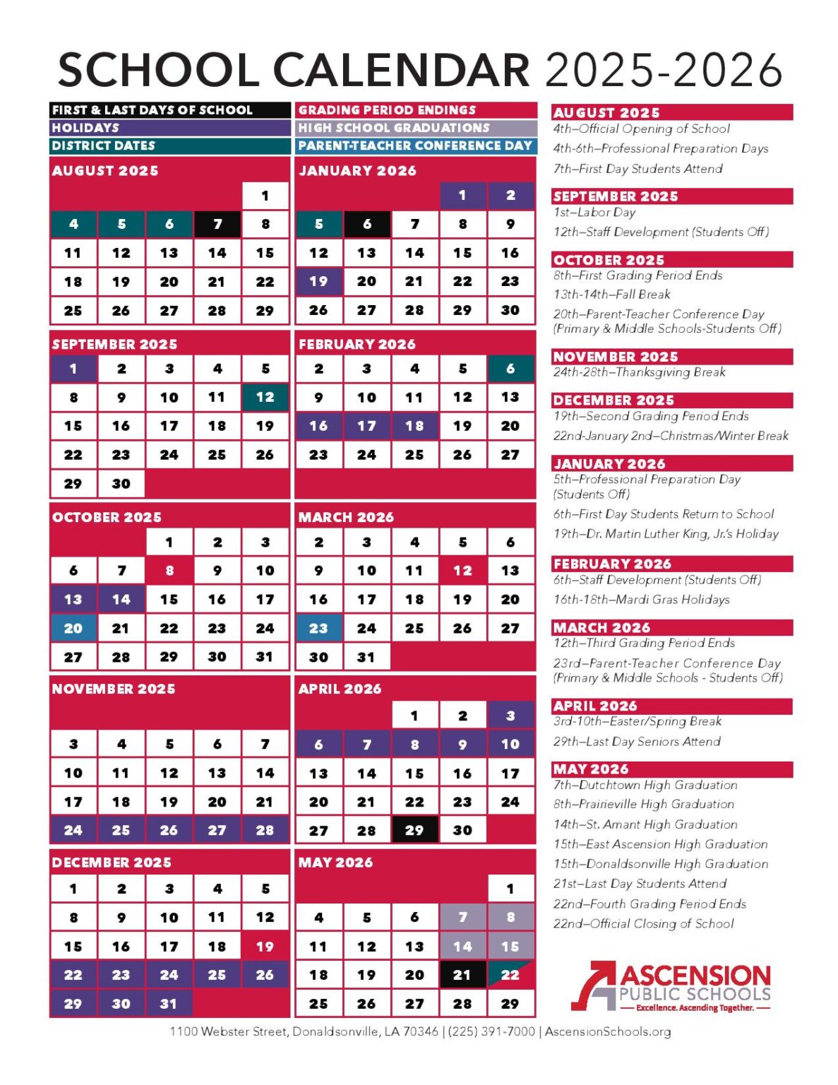 Ascension Parish Schools Calendar 2025 2026 in PDF School Calendar Info