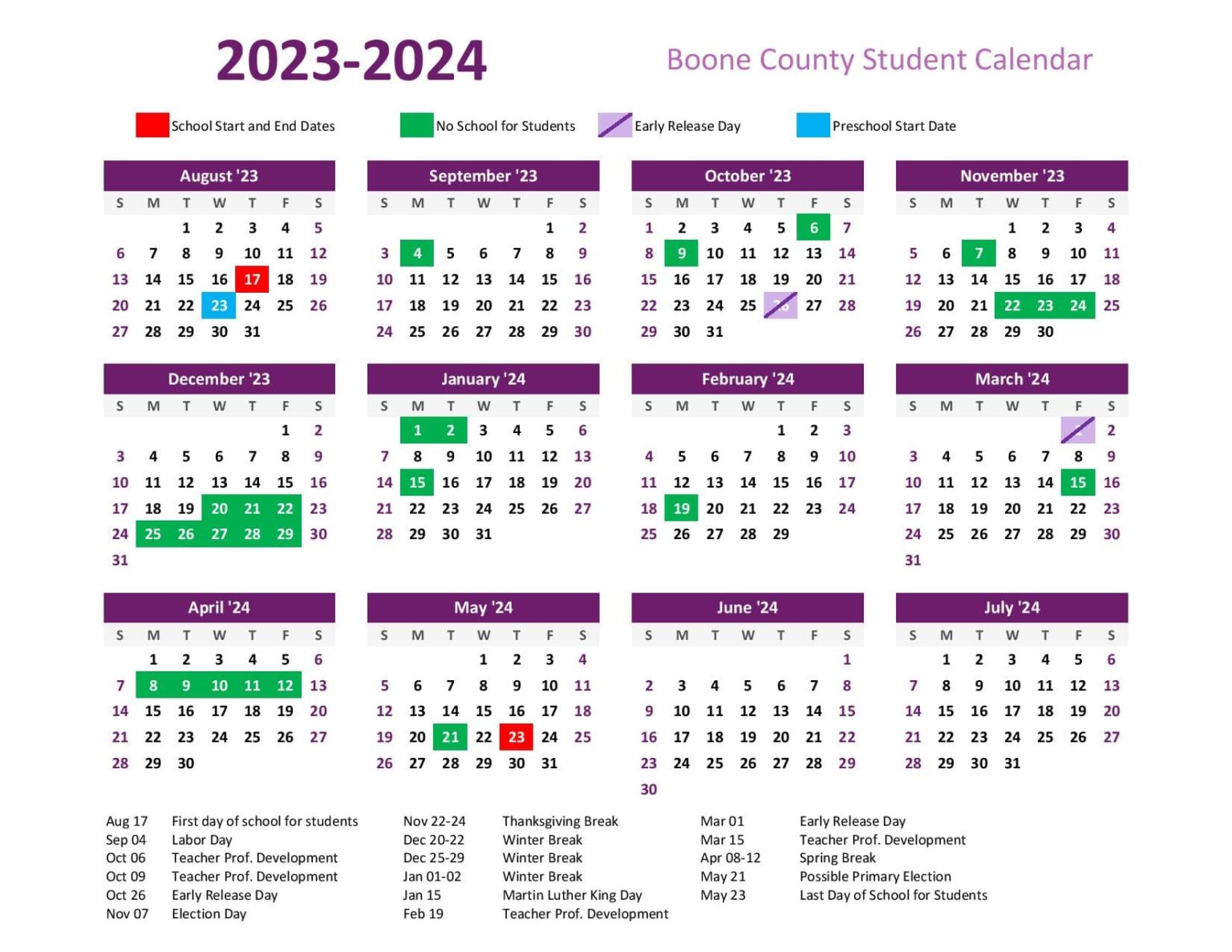 Boone County Schools Calendar 2023 2024 Holidays PDF
