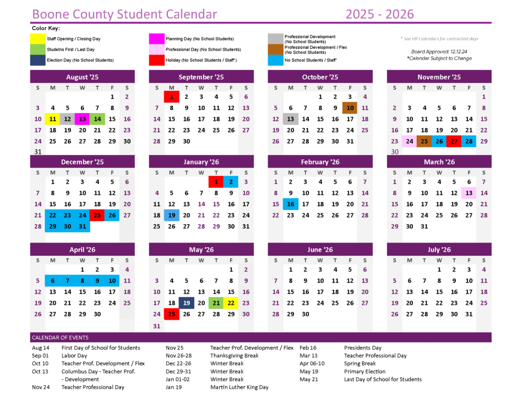 Boone County Schools Calendar 2025-2026