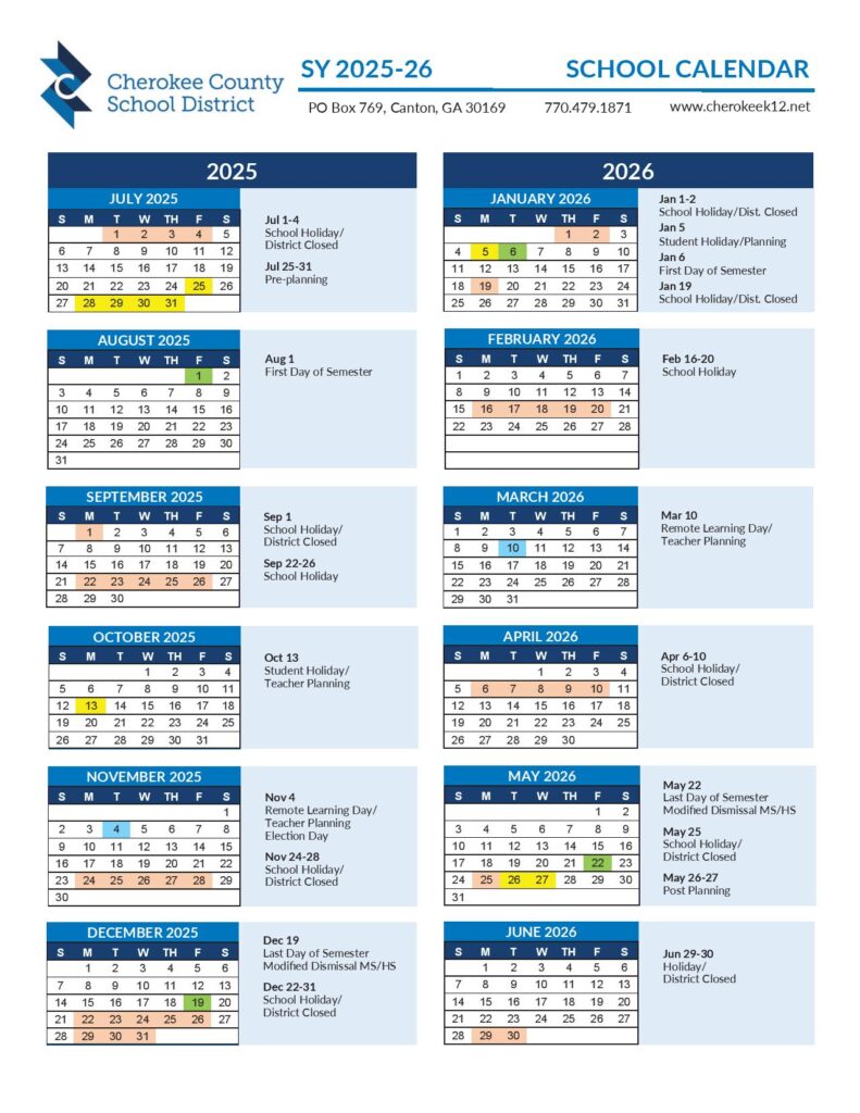 Cherokee County School District Calendar 2025