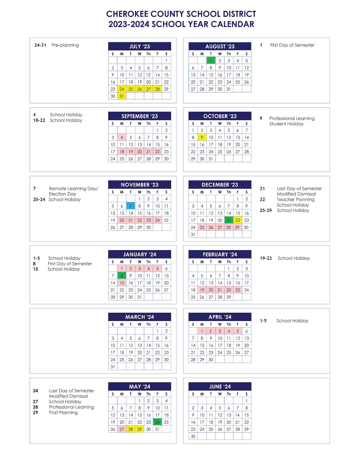 Cherokee County School District Calendar 20232024 in PDF
