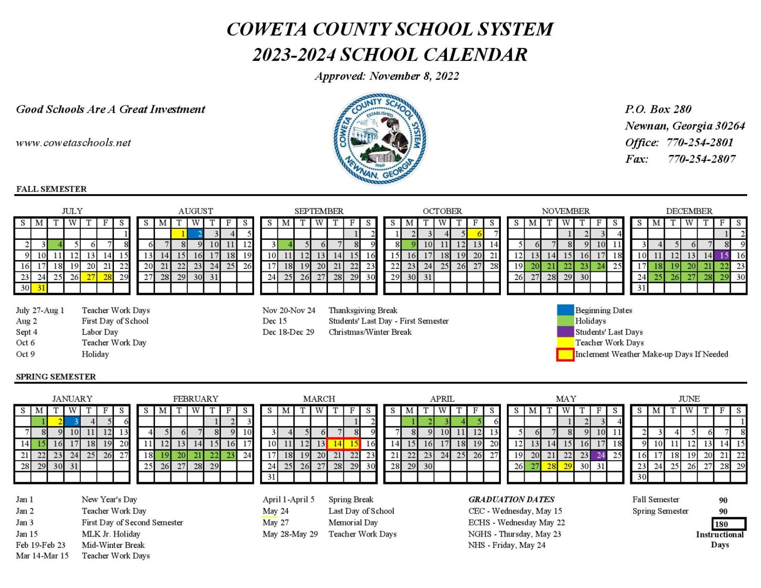 Coweta County Schools Calendar 20232024 in PDF
