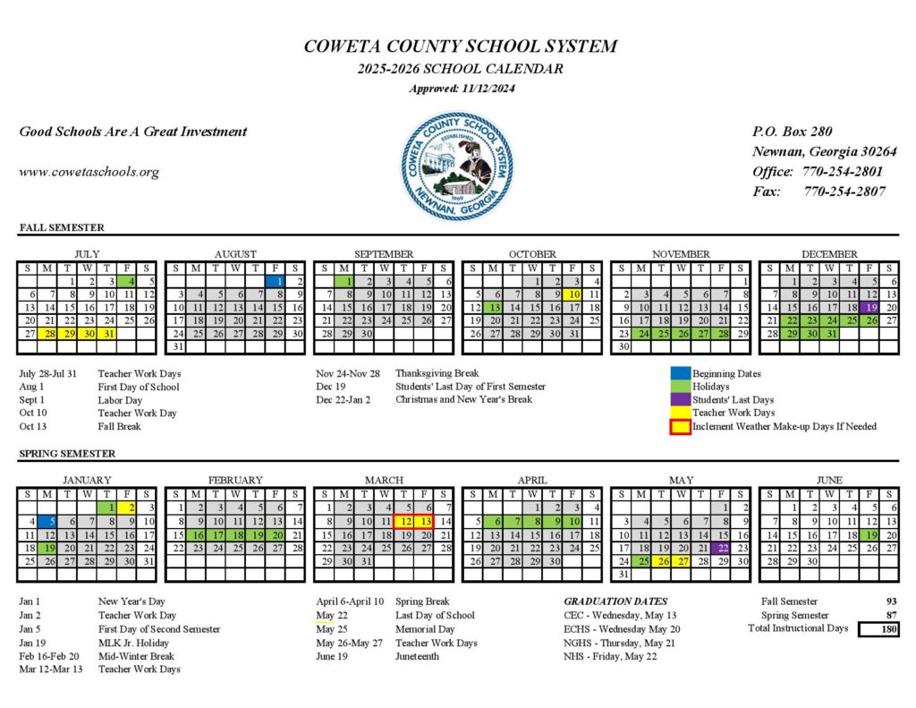 Coweta County Schools Calendar 2025-2026