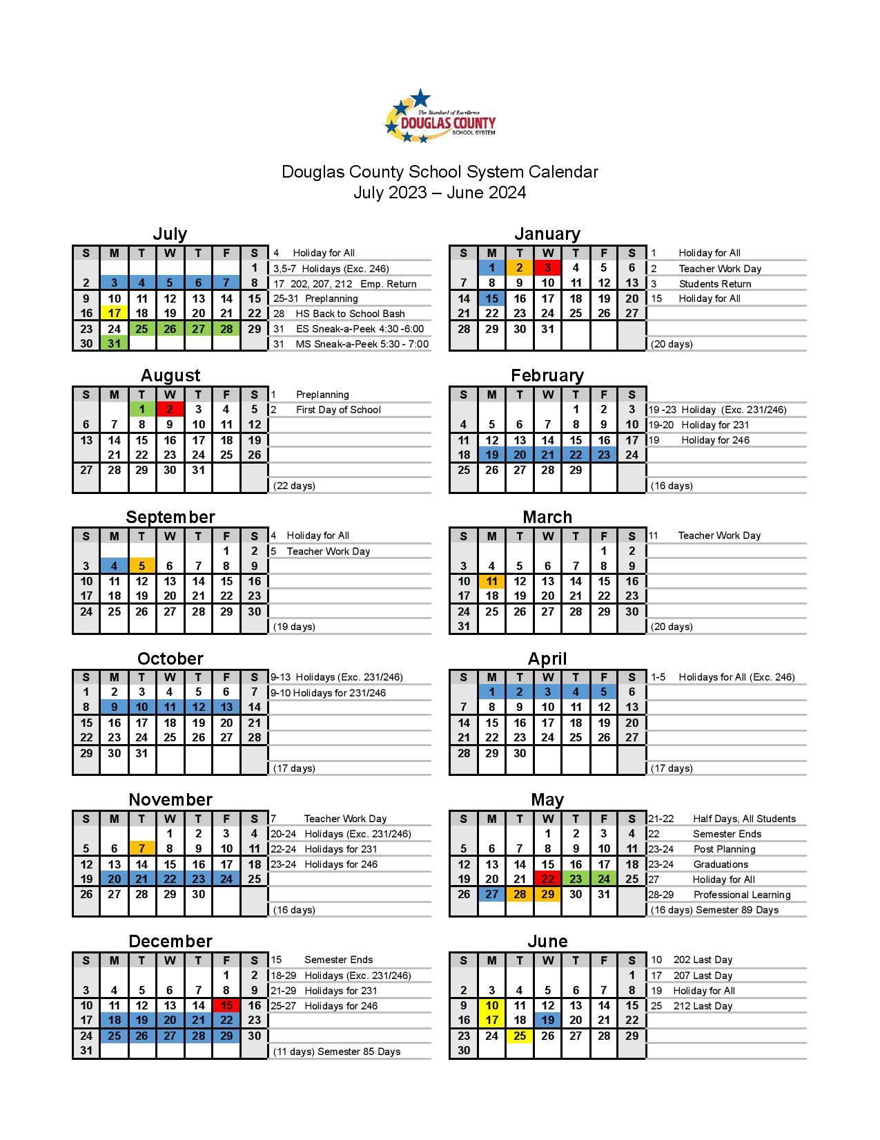 Douglas County Schools Calendar 2023-2024 in PDF