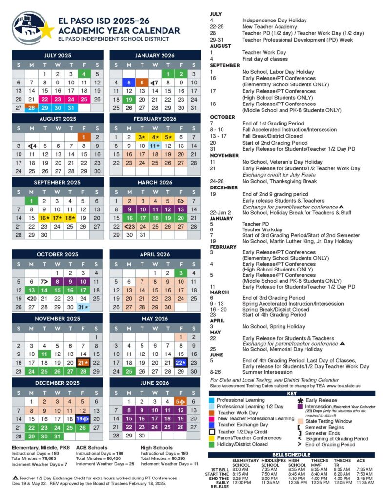 El Paso Independent School District Calendar 2025-2026