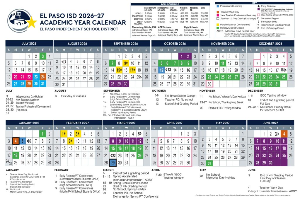 El Paso Independent School District Calendar 2026-2027