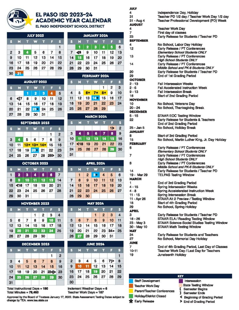 El Paso Independent School District Calendar 2023 2024   El Paso Independent School District Calendar 791x1024 