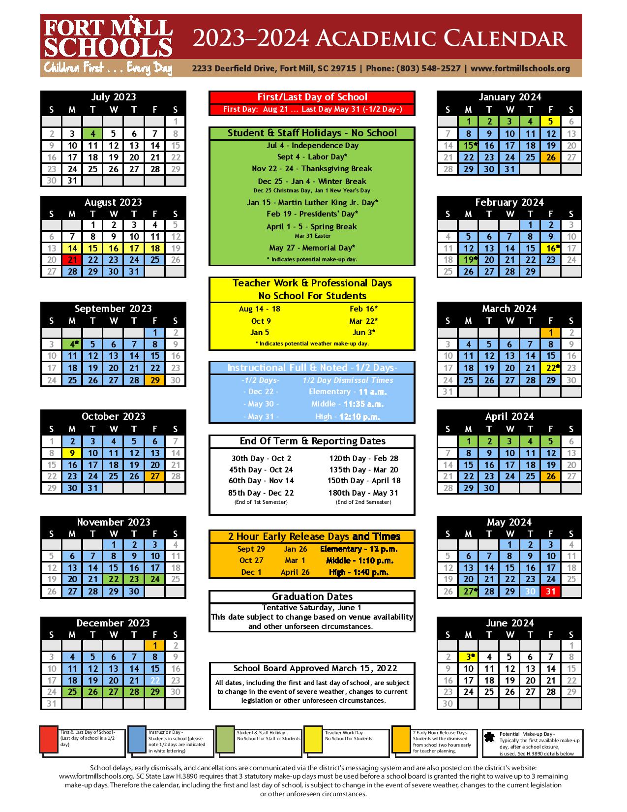 Fort Mill School District Calendar 2023 2024 in PDF