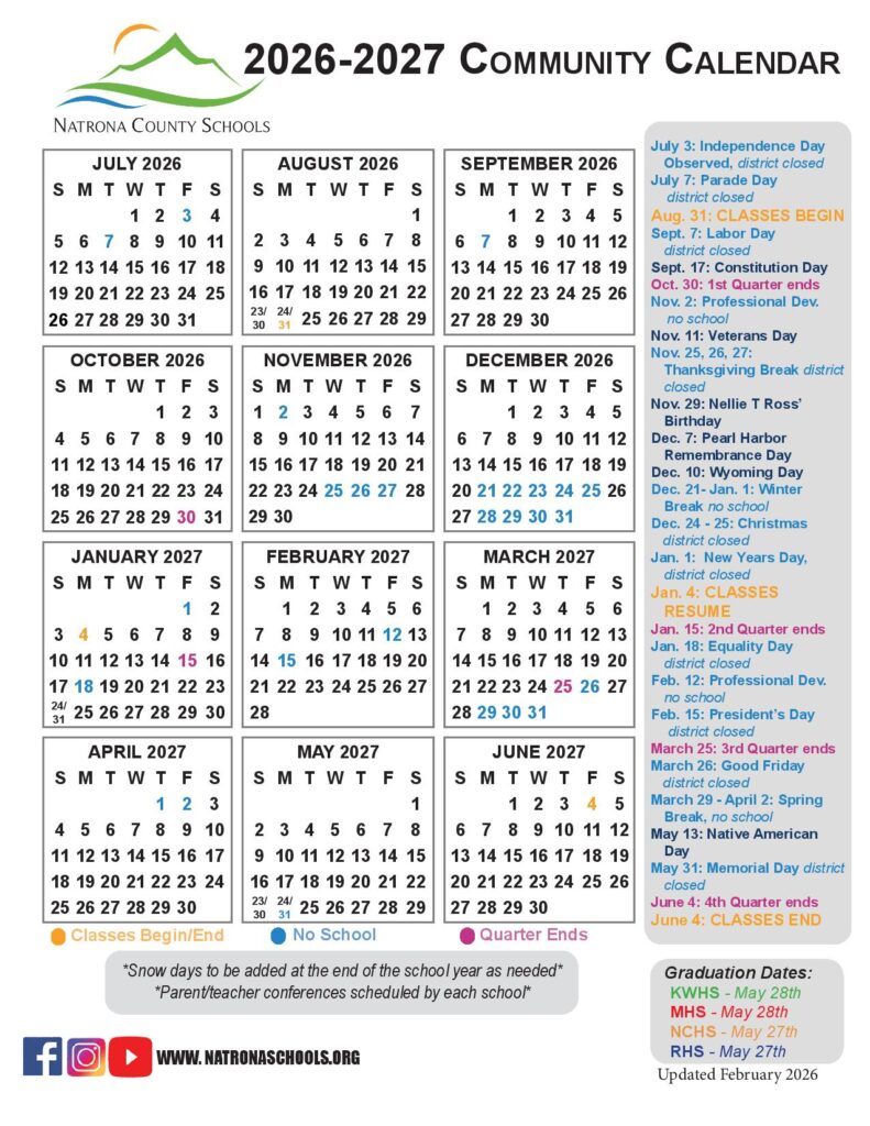 Natrona County School District 1 Calendar 2026-2027