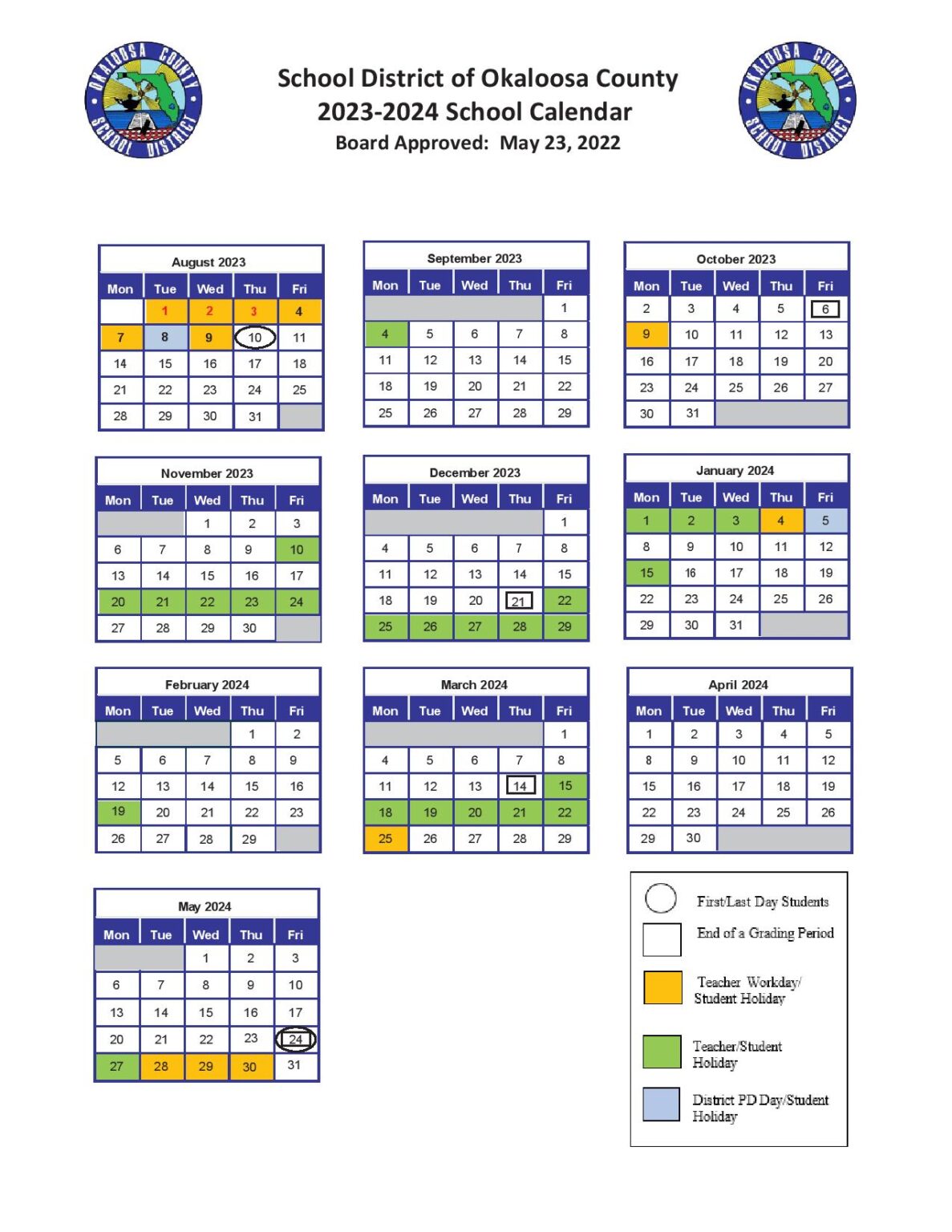 Okaloosa County School District Calendar 20232024 in PDF School