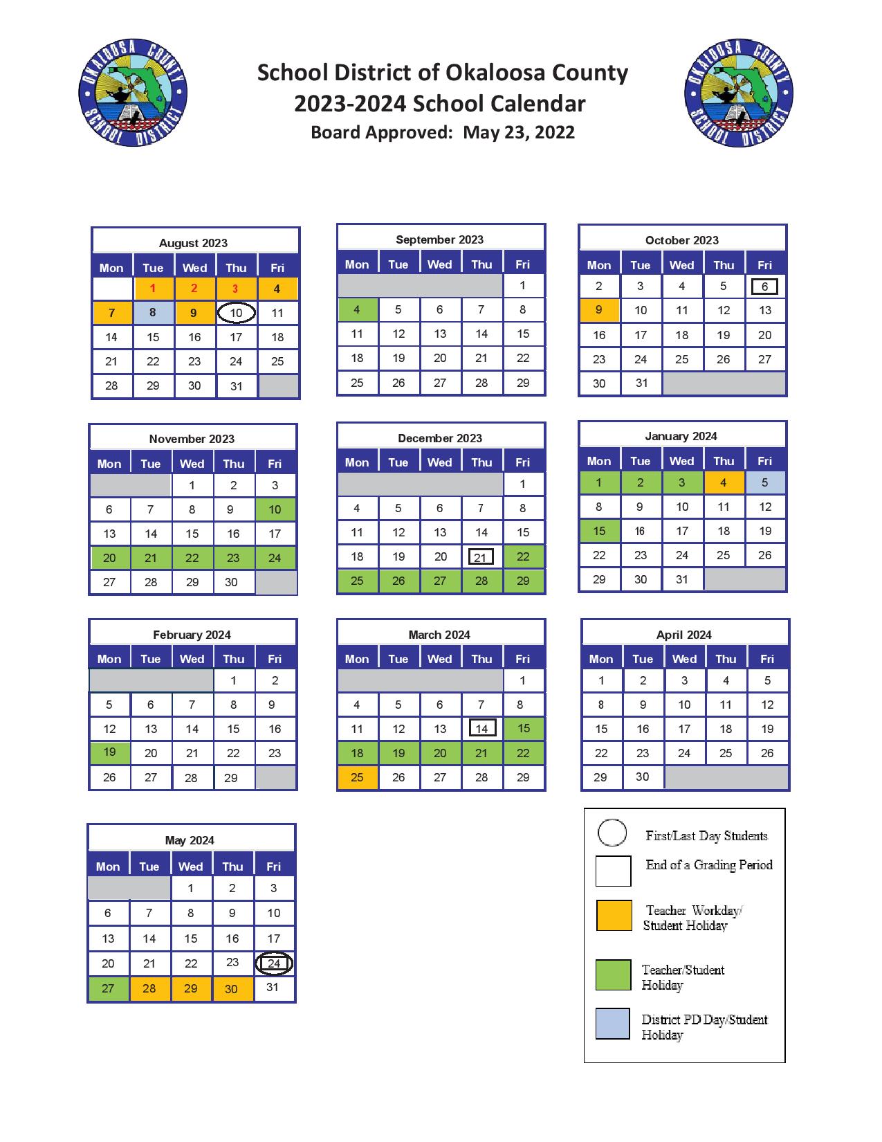 Okaloosa County School District Calendar 20232024 in PDF School