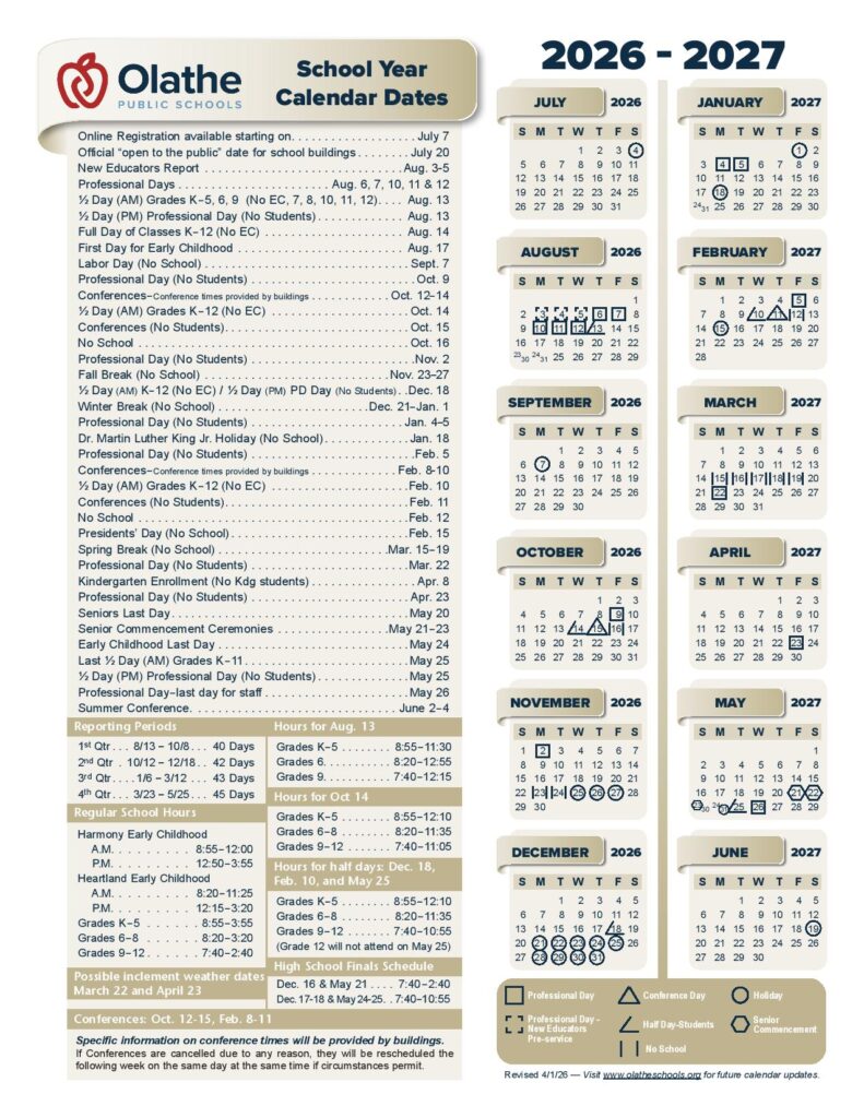 Olathe Unified School District Calendar 2026-2027