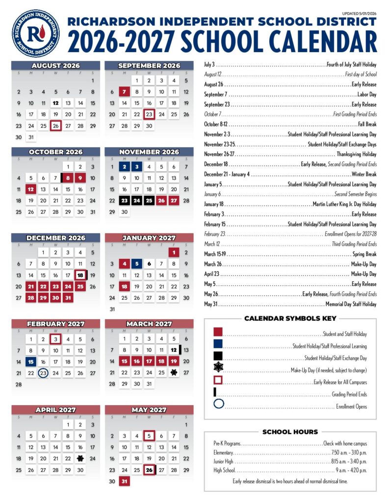 Richardson Independent School District Calendar 2026-2027