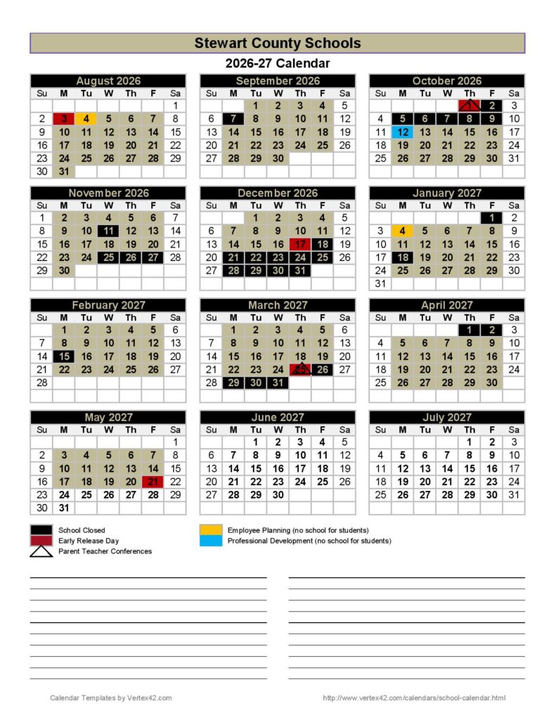 Stewart County Schools Calendar 2026-2027