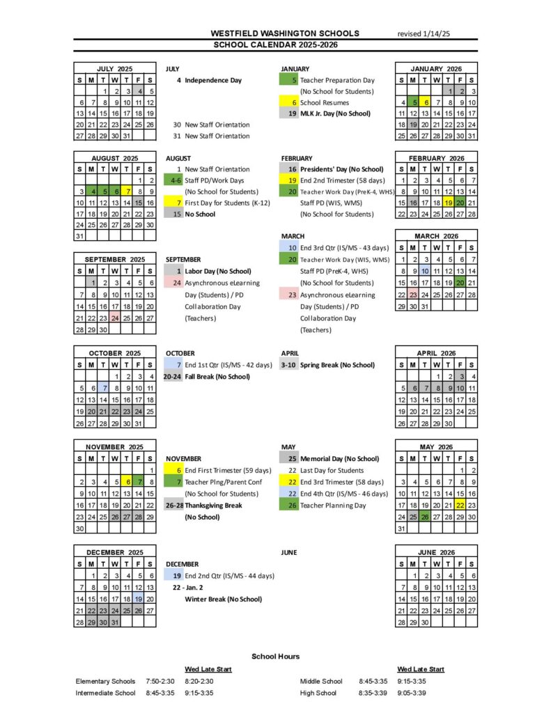 Westfield-Washington Schools Calendar 2025