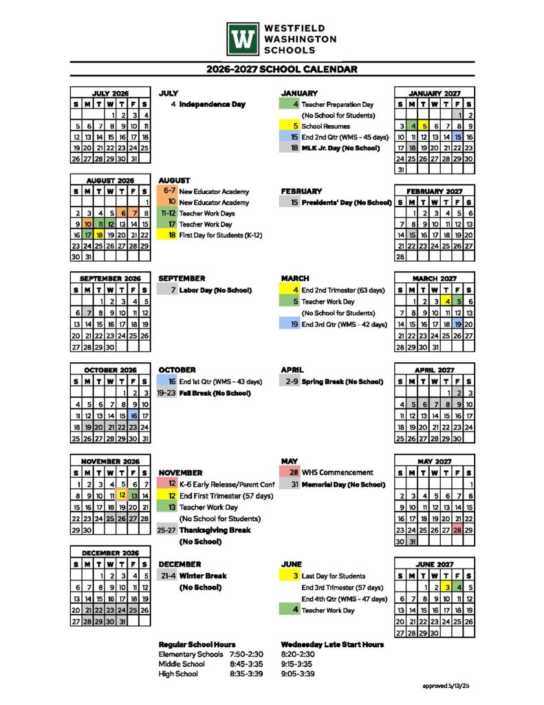 Westfield-Washington Schools Calendar 2026-2027