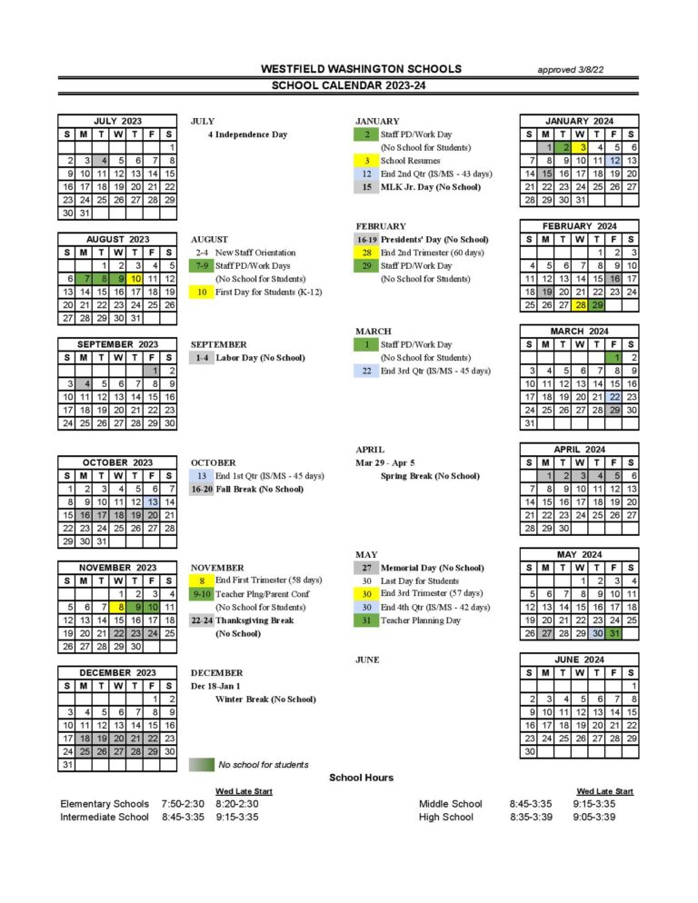 WestfieldWashington Schools Calendar 20232024 & Holidays