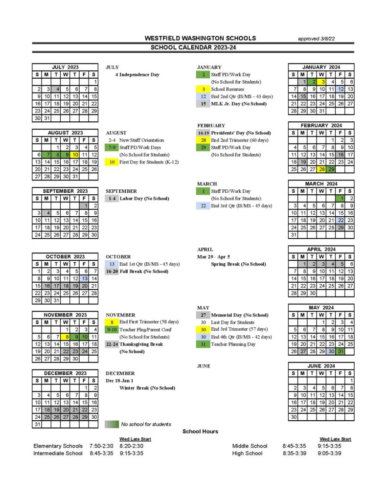 WestfieldWashington Schools Calendar 20232024 & Holidays