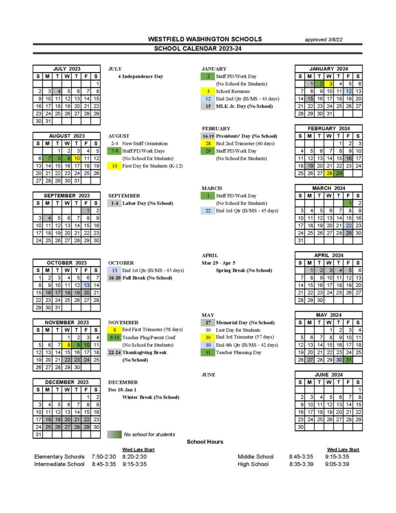 Westfield Washington Schools Calendar 2023 2024 Holidays