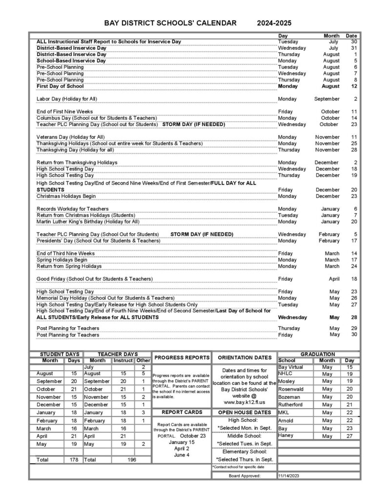 Bay District Schools Calendar