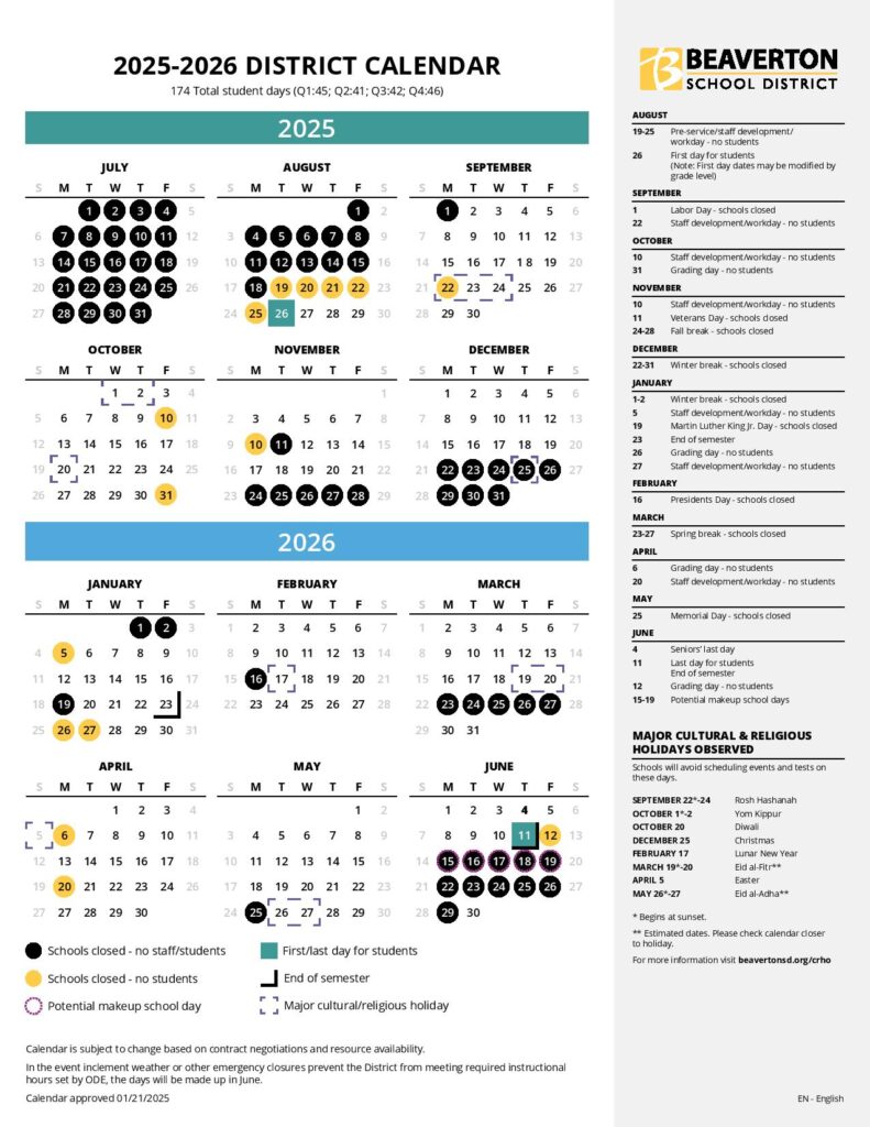 Beaverton School District Calendar 2025-2026