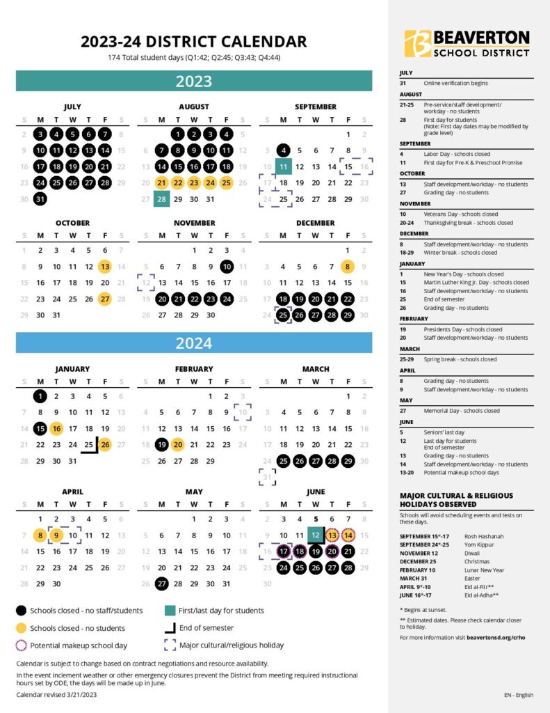 Beaverton School District Calendar