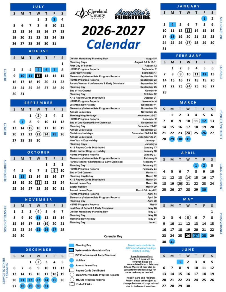 Cleveland County Schools Calendar 2026-2027