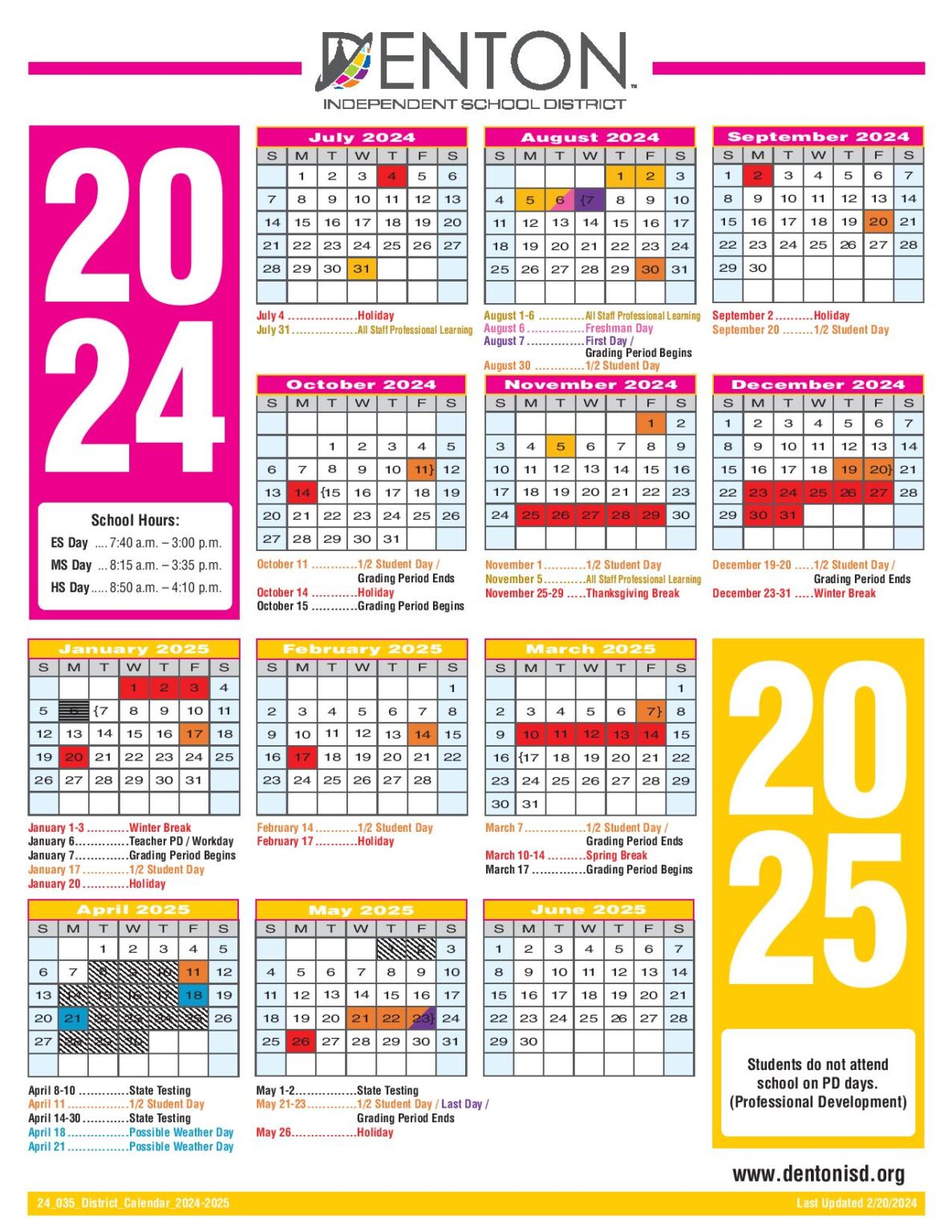 Denton Independent School District Calendar 20242025 in PDF