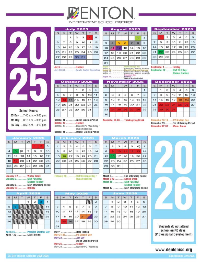 Denton Independent School District Calendar 2025-2026