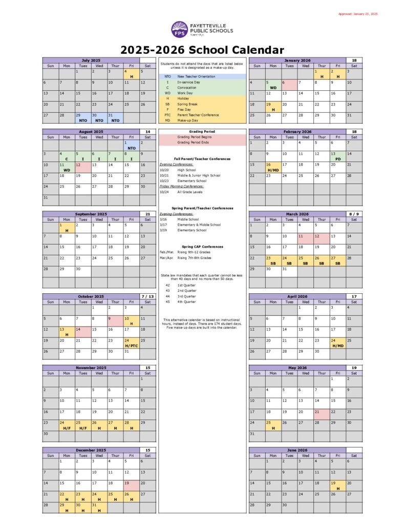 Fayetteville Public Schools Calendar 2025-2026