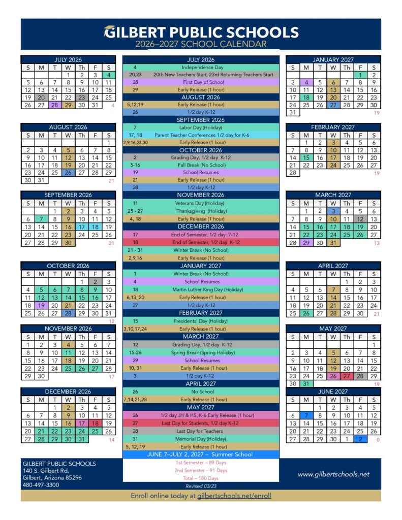 Gilbert Public Schools Calendar 2026-2027