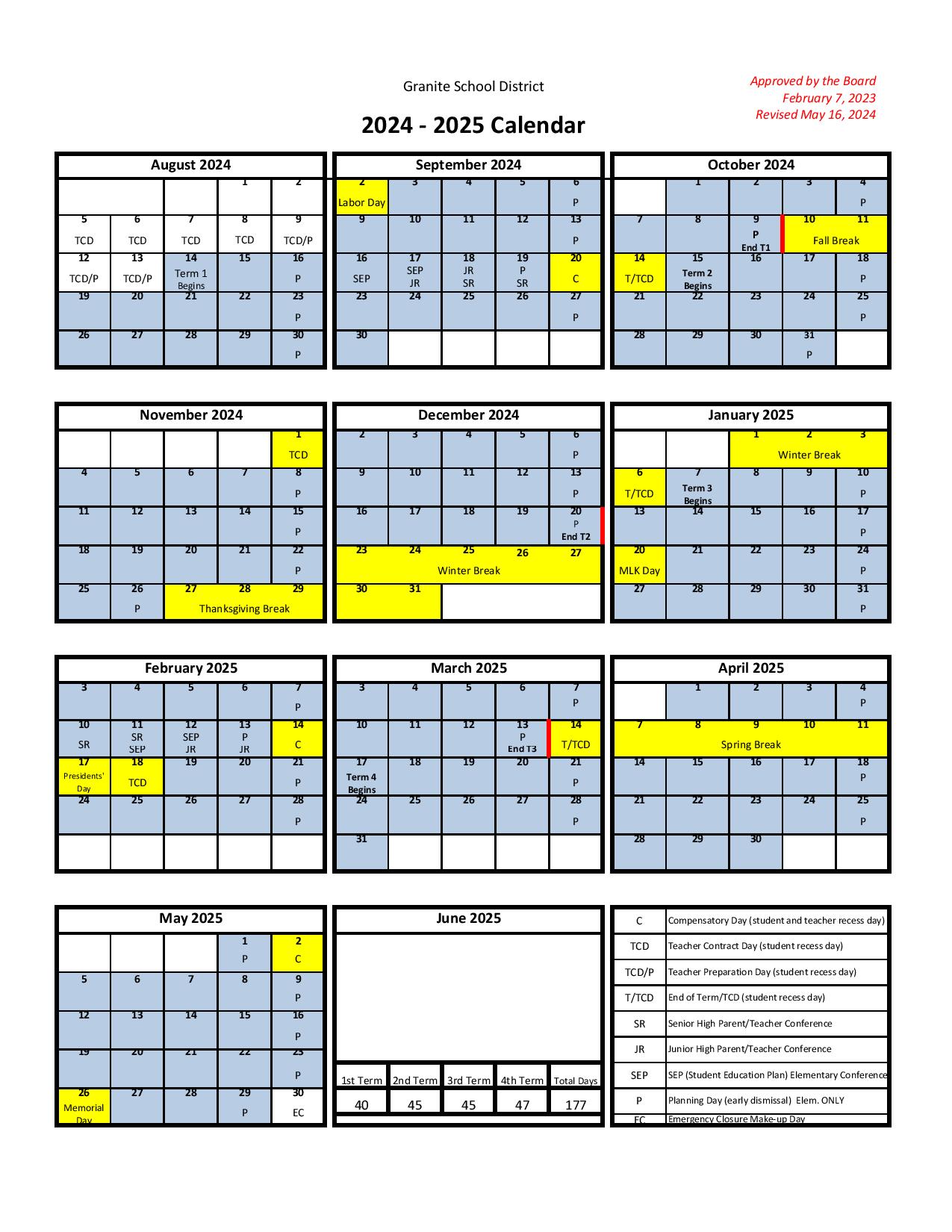 Granite School District Calendar 20242025 in PDF