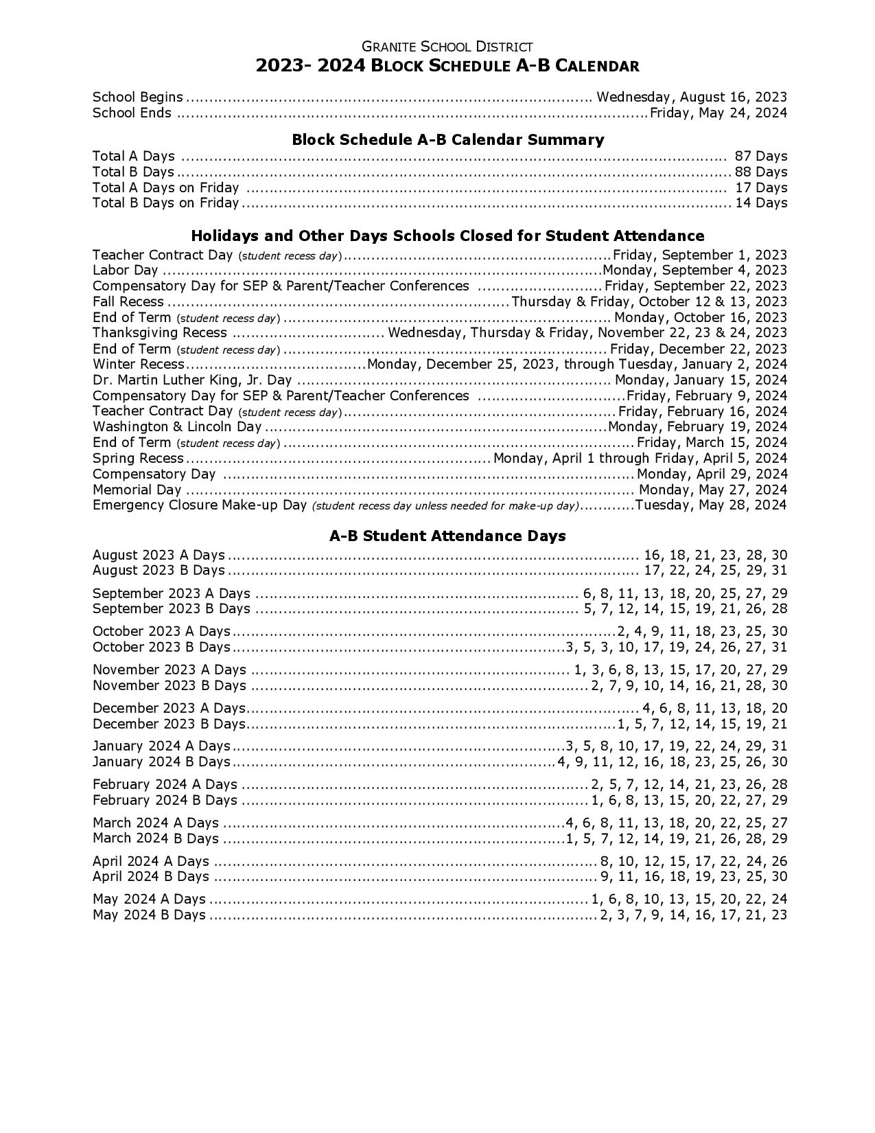 Granite School District Calendar 2023 2024 In PDF
