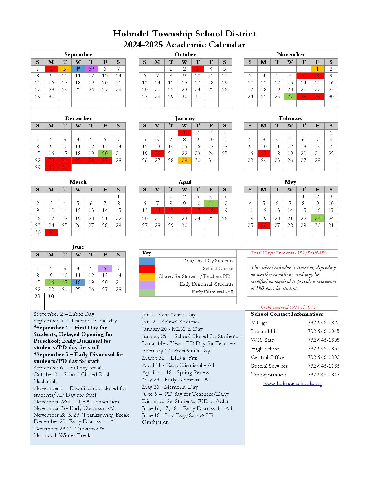 Holmdel Township Schools Calendar 20242025 (Academic Year)