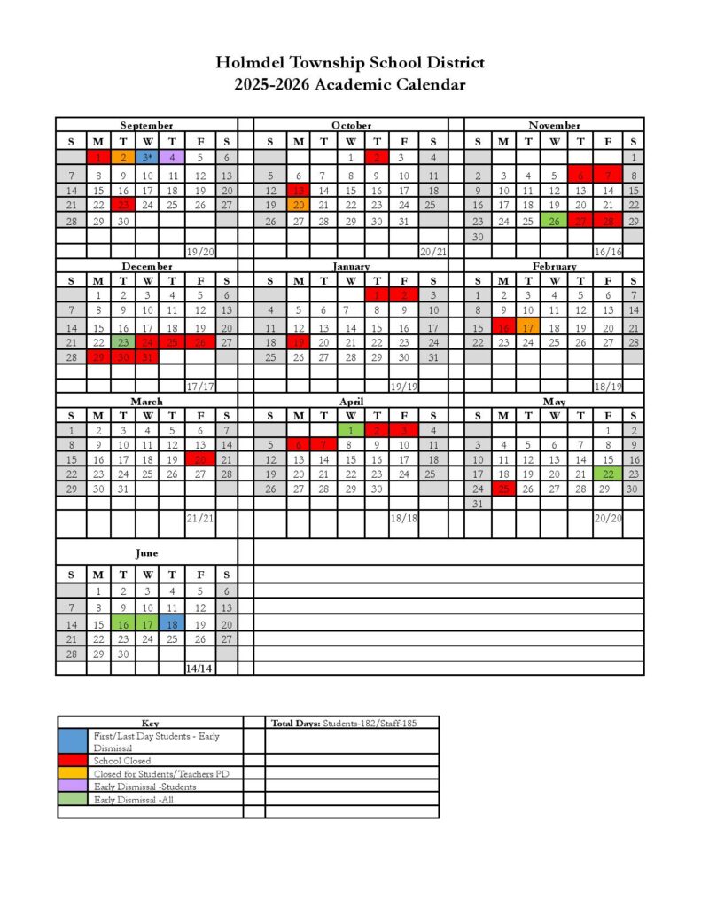 Holmdel Township Schools Calendar 2025-2026