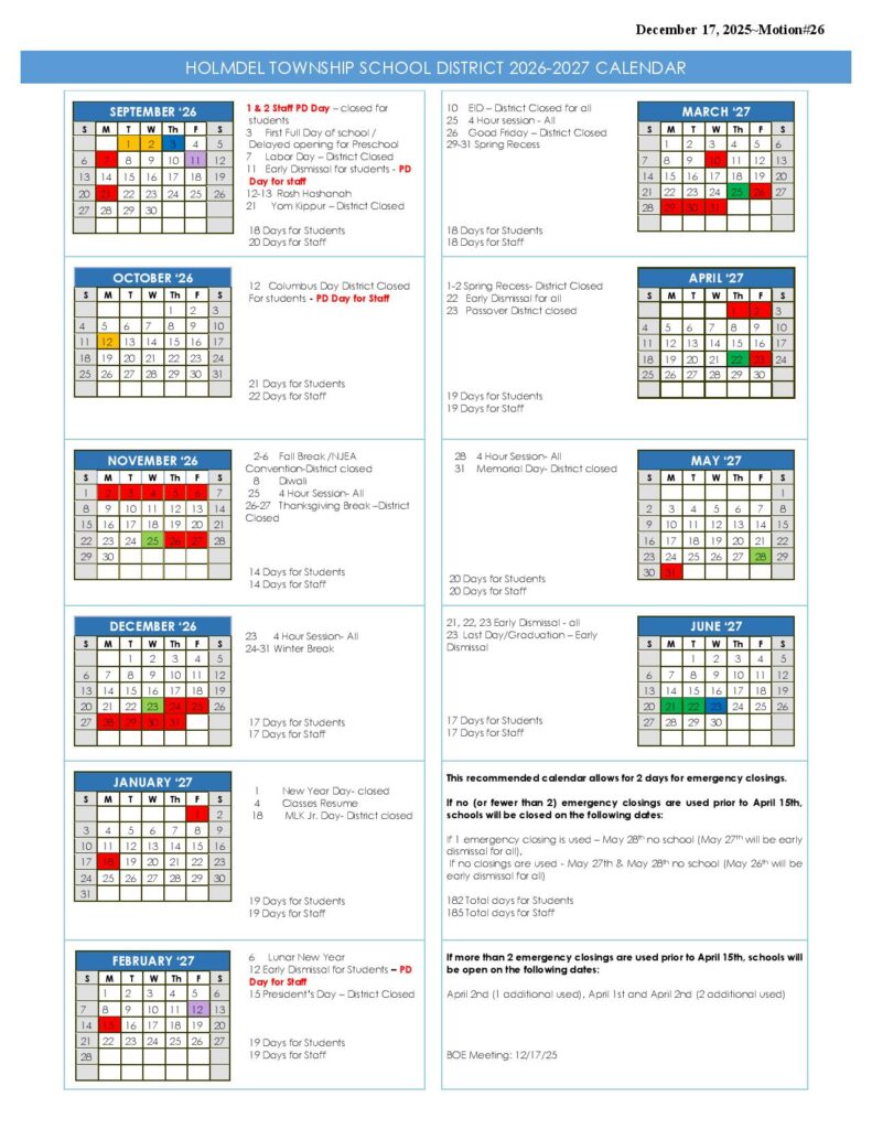 Holmdel Township Schools Calendar 2026-2027