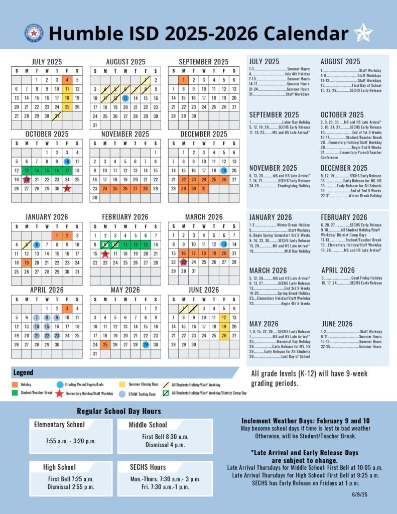 Humble Independent School District Calendar 2025-2026