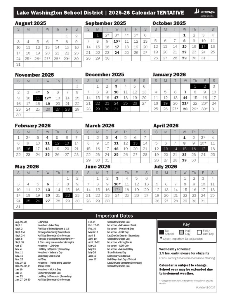 Lake Washington School District Calendar 2025-2026