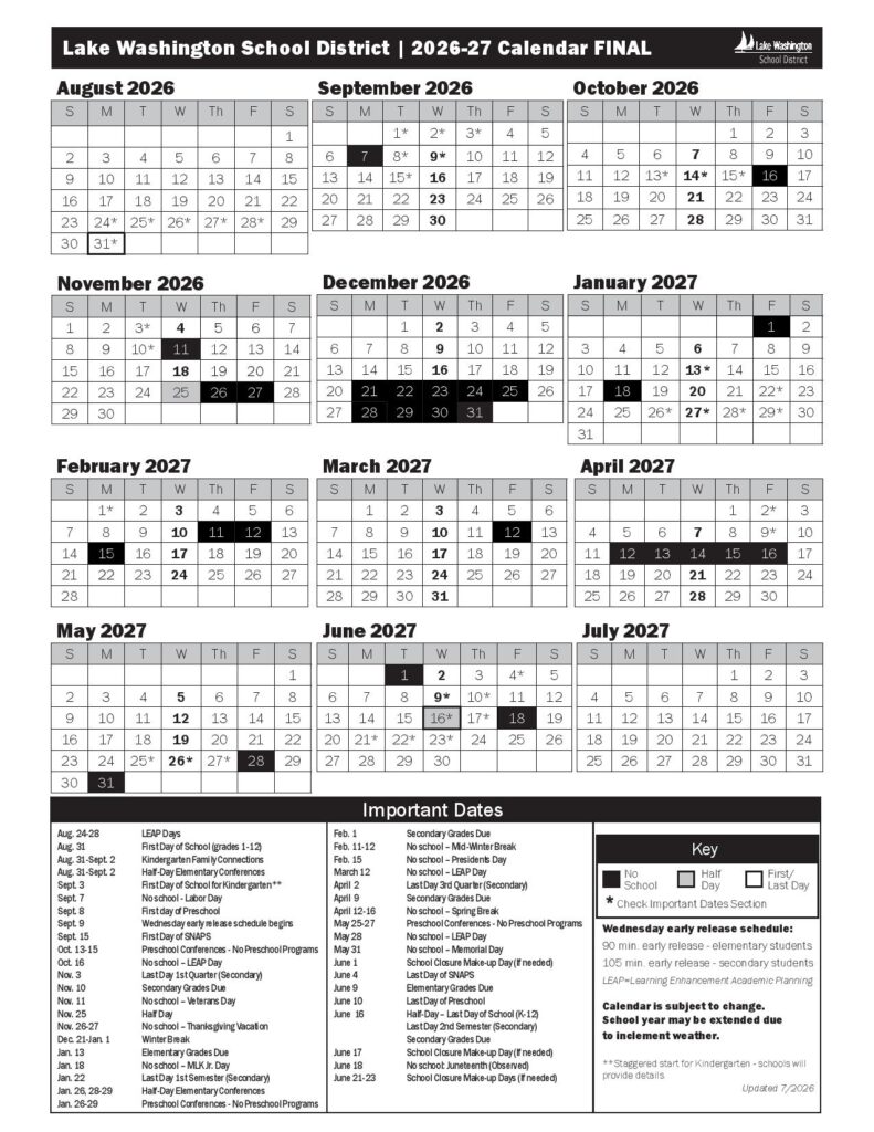 Lake Washington School District Calendar 2026-2027