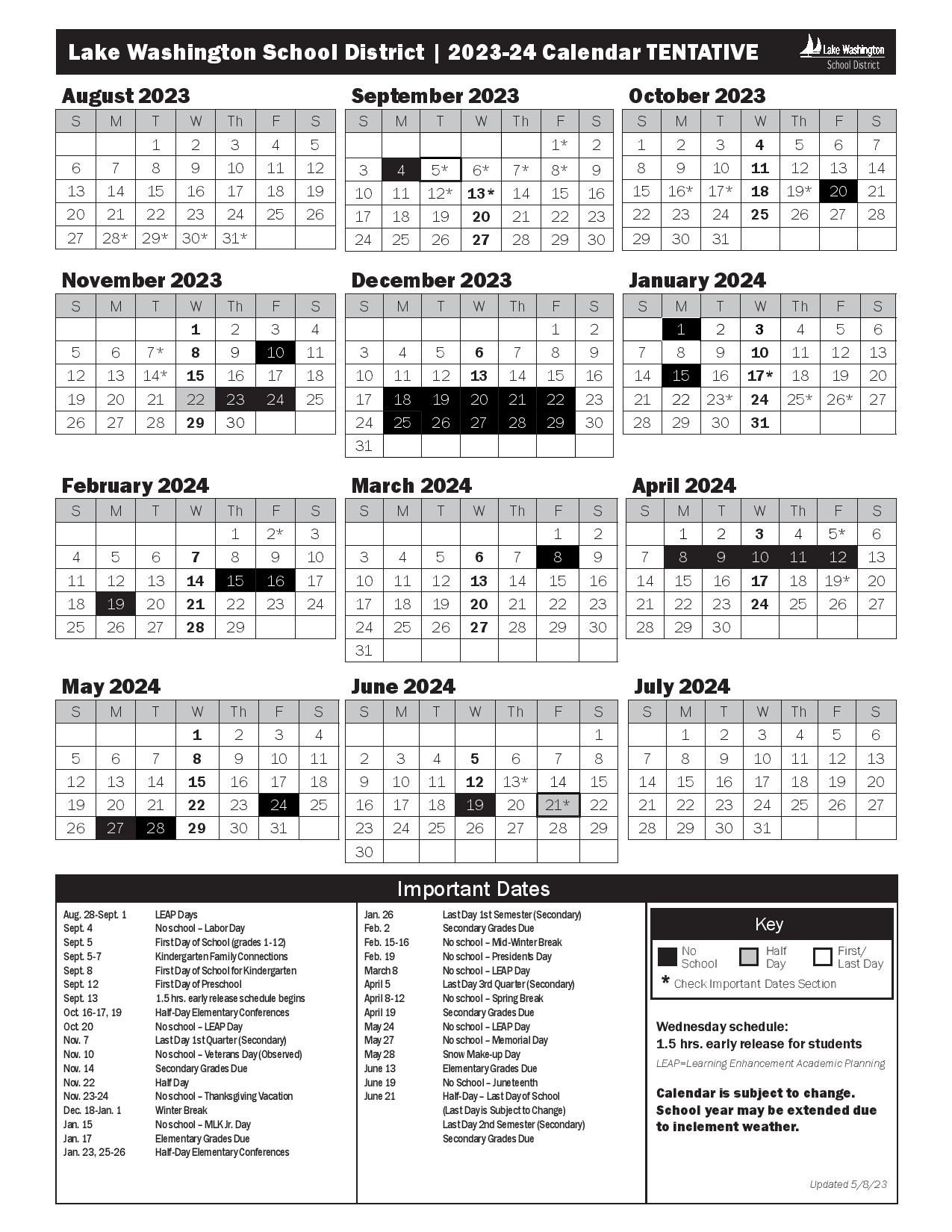 Lake Washington School District Calendar 20232024 in PDF