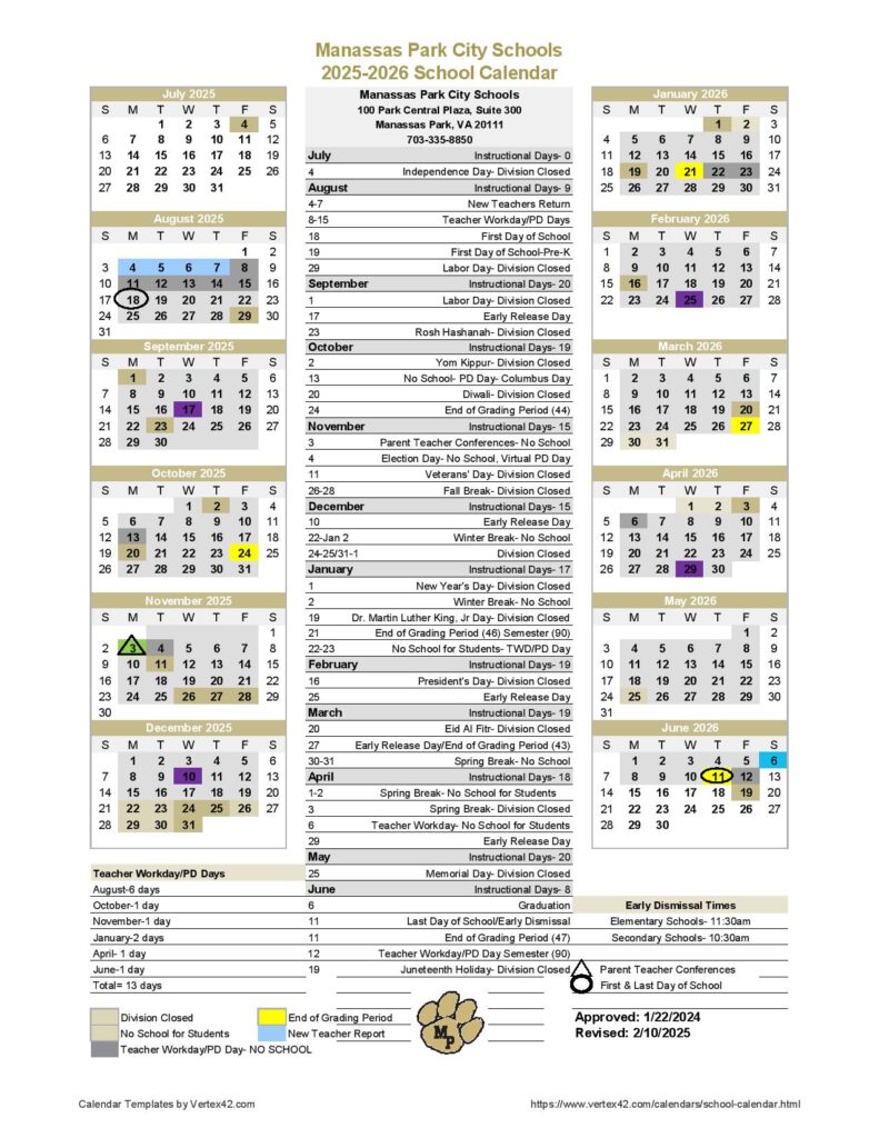Manassas Park City Schools Calendar 2025-2026