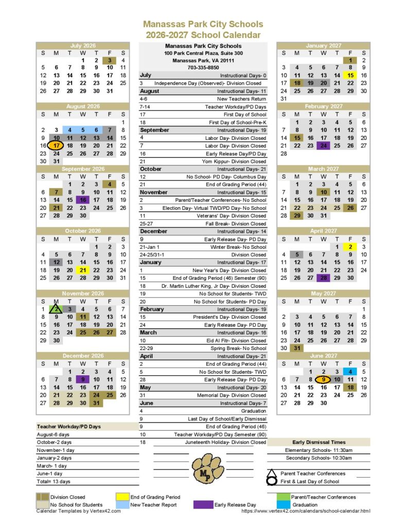 Manassas Park City Schools Calendar 2026-2027