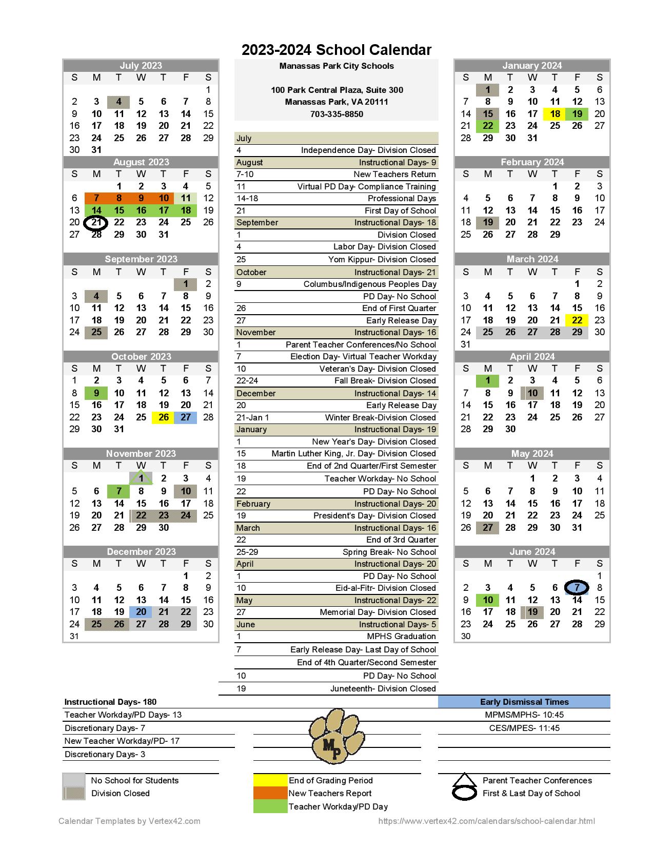 Manassas Park City Schools Calendar 2023 2024 in PDF