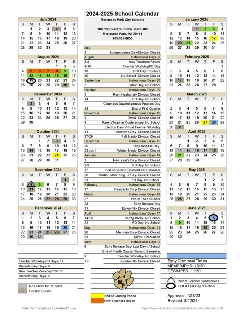 Manassas Park City Schools Calendar